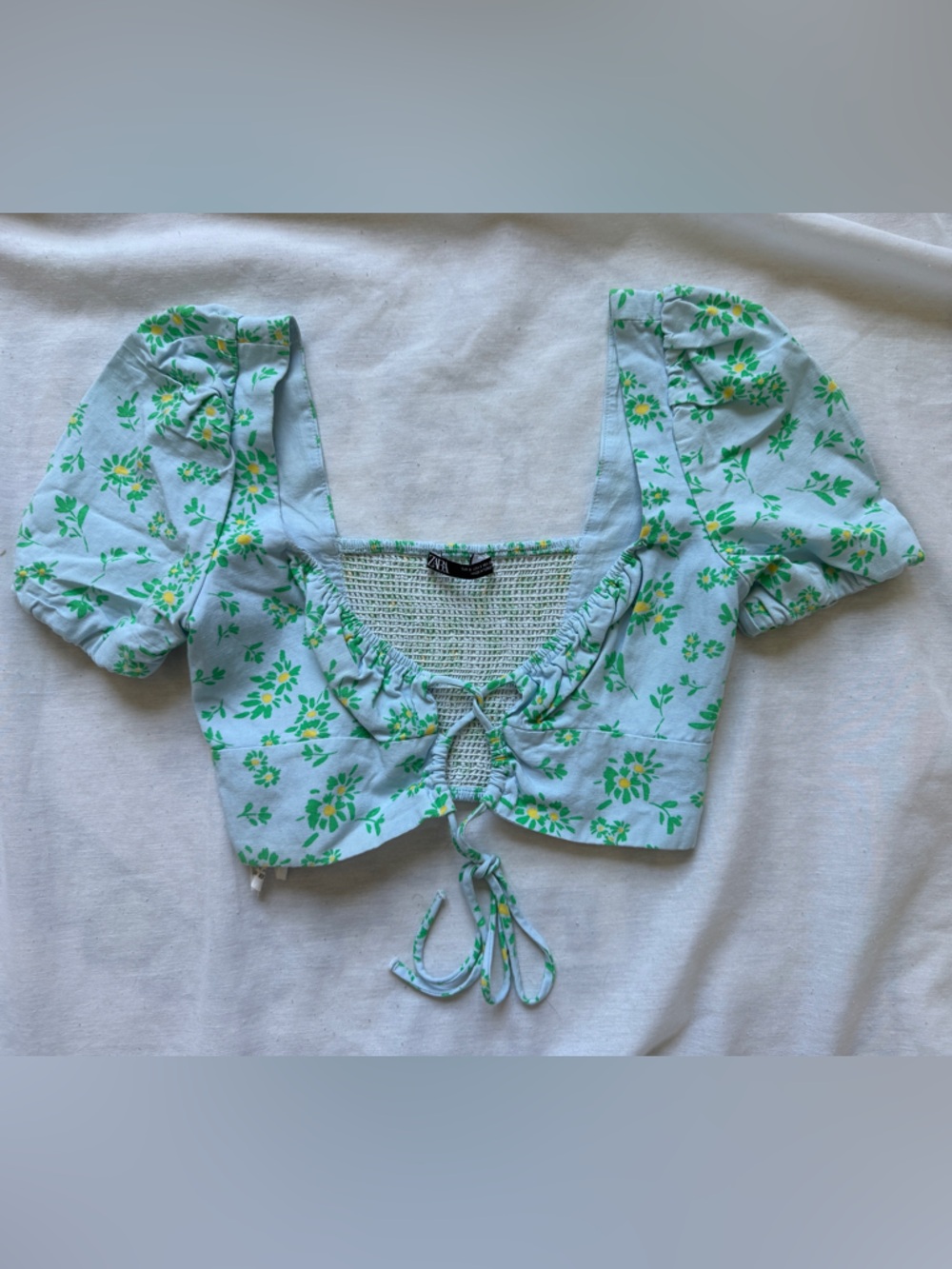 Zara Light Blue Floral Crop Top with Green and Yellow Print